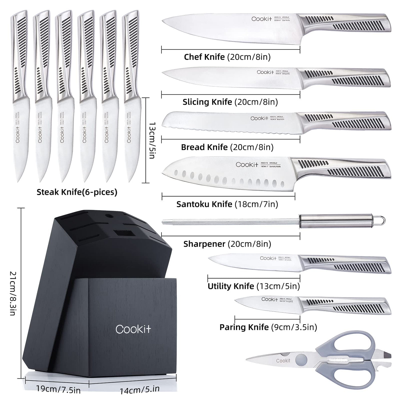 Kitchen Knife Set, 15 Piece Knife Sets with Block, Chef Knives with Non-Slip German Stainless Steel Hollow Handle Cutlery Set with Multifunctional Scissors Knife Sharpener  Amazon Platform Banned