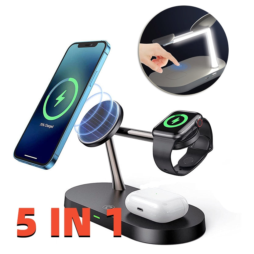 Multifunctional Five-In-One Magnetic Wireless Charging Watch Headset Desktop Mobile Phone Holder Charger 15W Fast Charge - My Tech Addict